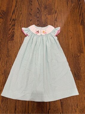Girls' Light Blue Seersucker Formal Dress with Pink Trim